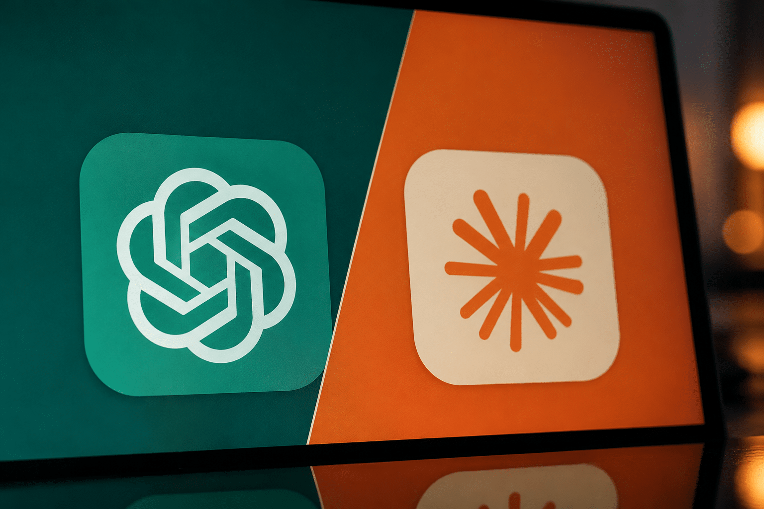 Comparativa visual de ChatGPT y Claude con sus logotipos sobre un fondo dividido diagonalmente en verde y naranja.