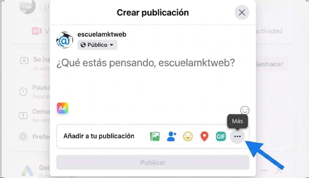 Modal de Facebook para crear publicación mostrando el menú de opciones